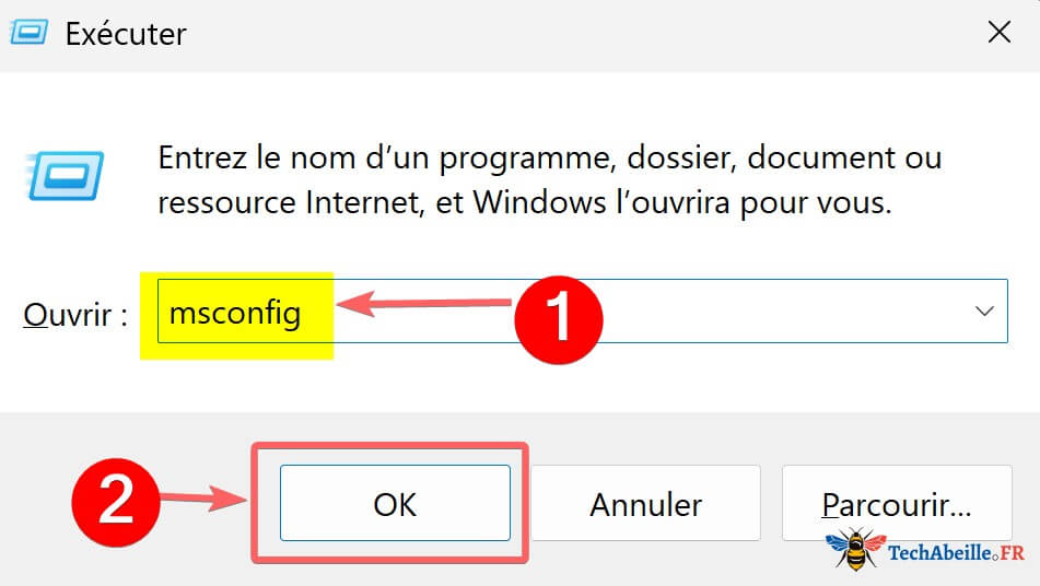 Tapez msconfig dans la fenetre Executer
