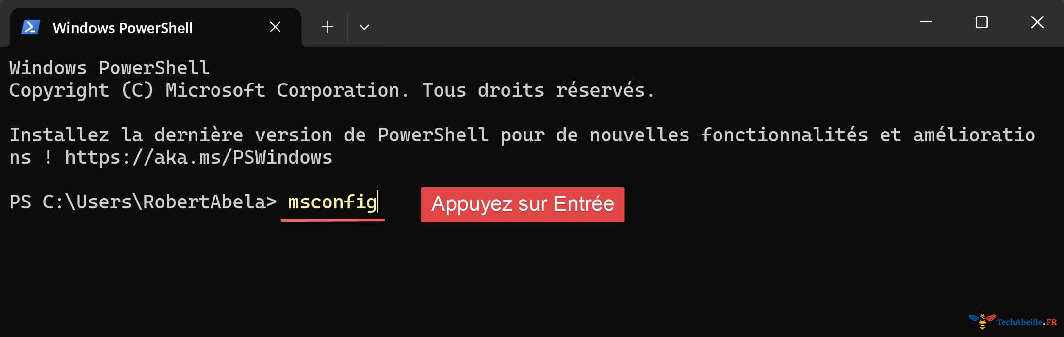 Tapez msconfig dans la ligne de commande PowerShell