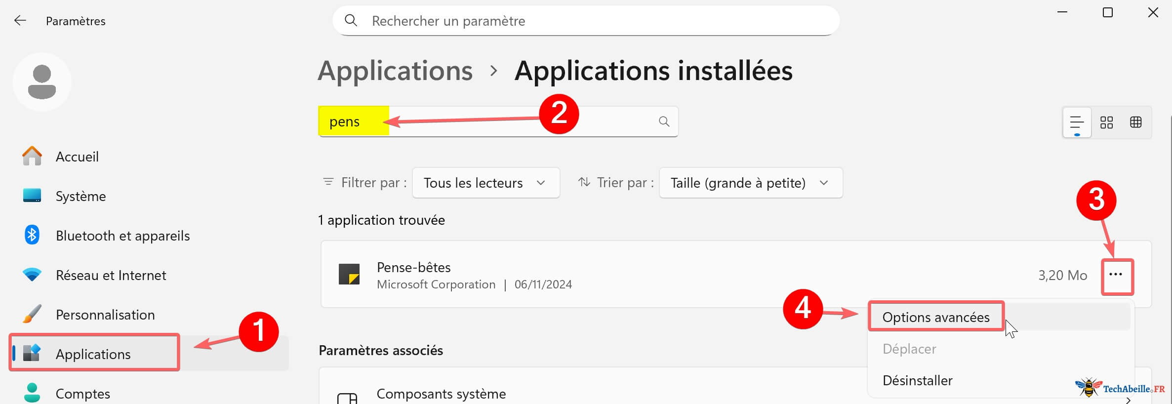 Trouver Pense-betes dans les applications installees et cliquer sur Options avancees