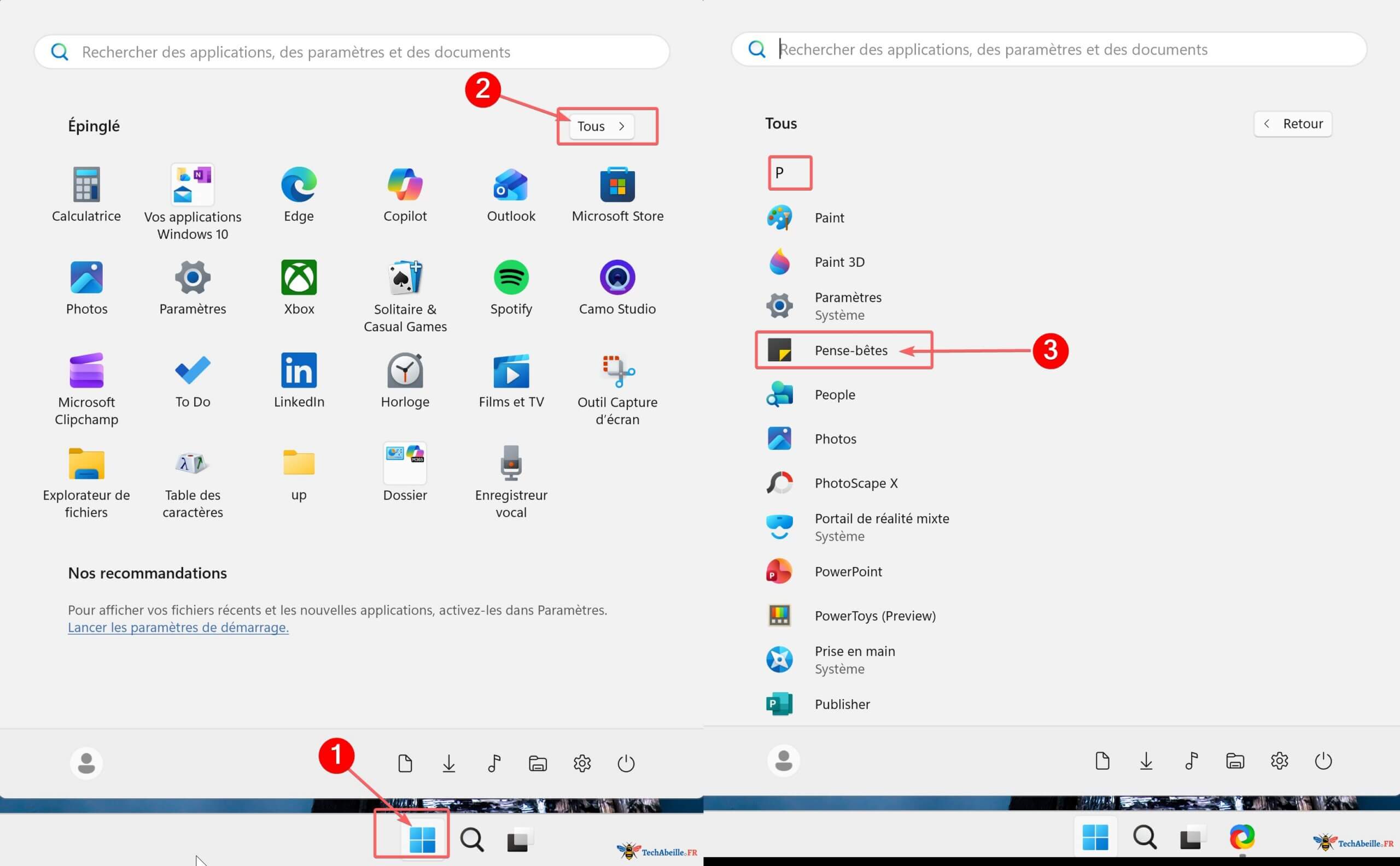 Trouver Toutes les applications dans le menu Demarrer puis faire defiler jusqua P pour ouvrir Pense-betes