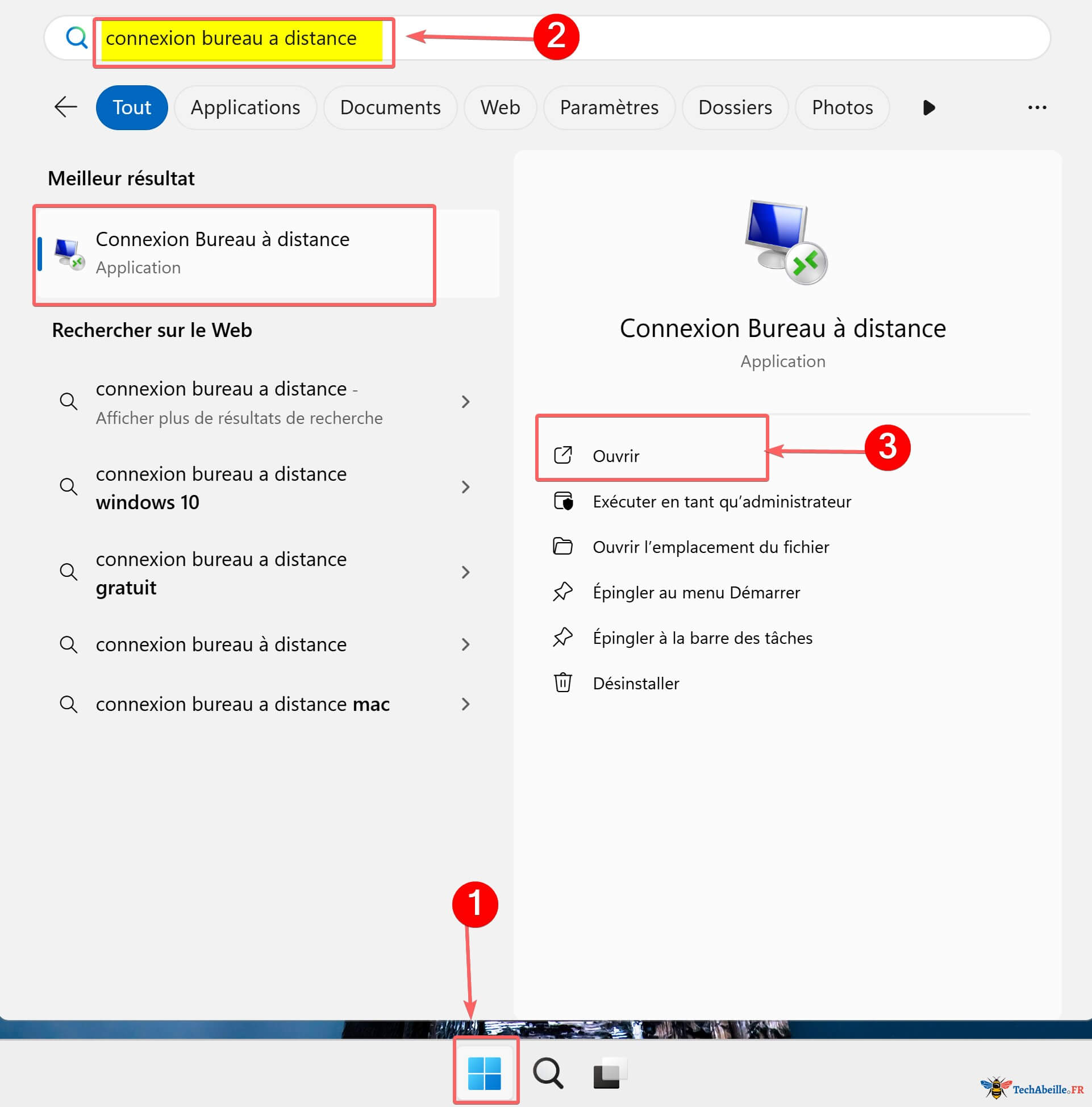 Trouver et ouvrir la Connexion Bureau a distance avec la fonction de recherche de la barre des taches