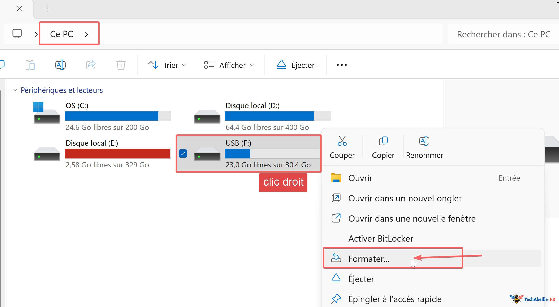 Trouver la cle USB dans Ce PC puis clic droit et selection de Formater