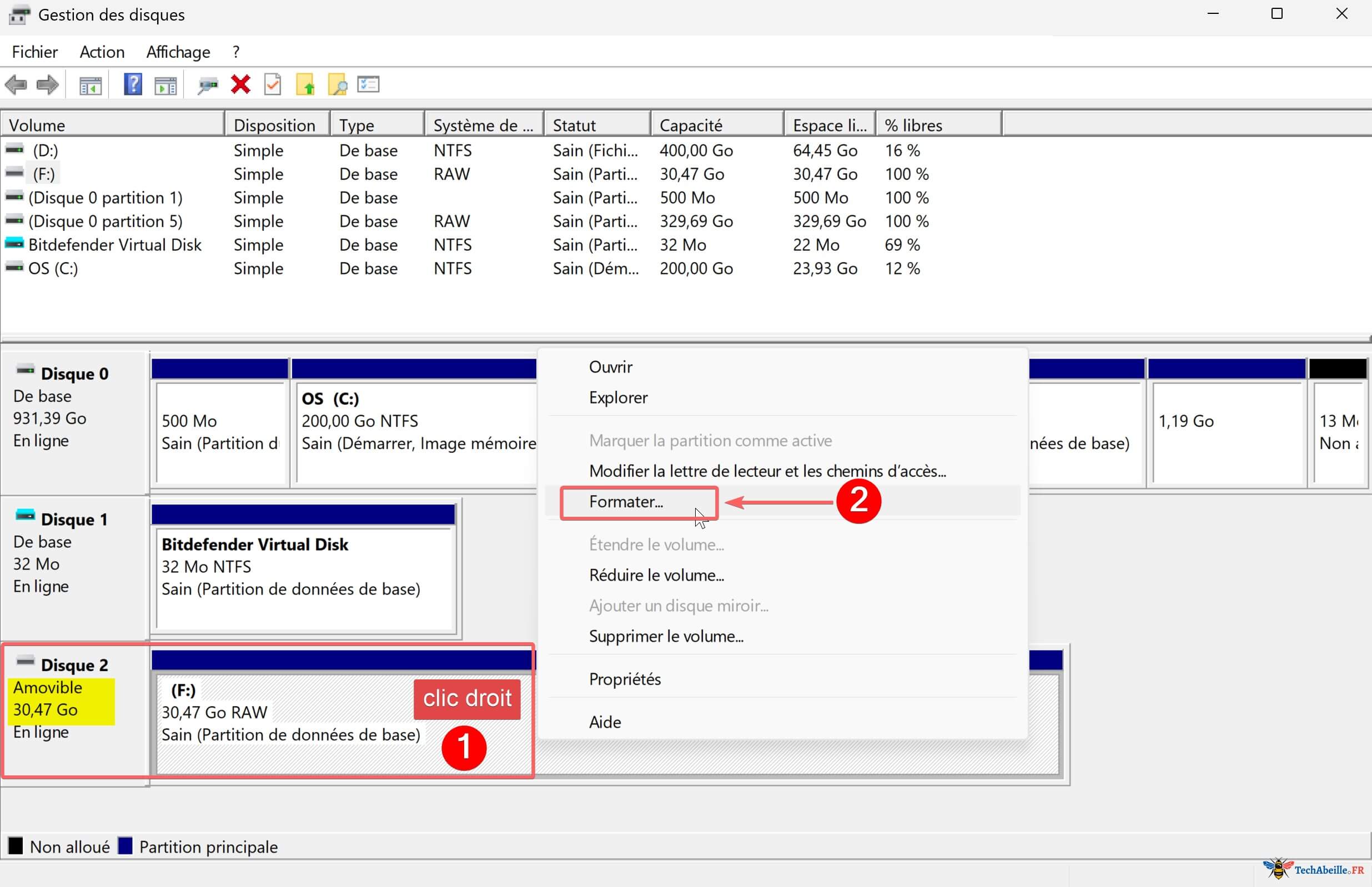 Trouver le disque amovible dans la Gestion des disques et clic droit pour formater