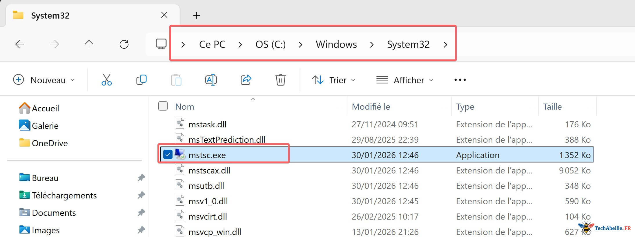 Trouver le fichier executable mstsc.exe de la Connexion Bureau a distance dans lExplorateur de fichiers