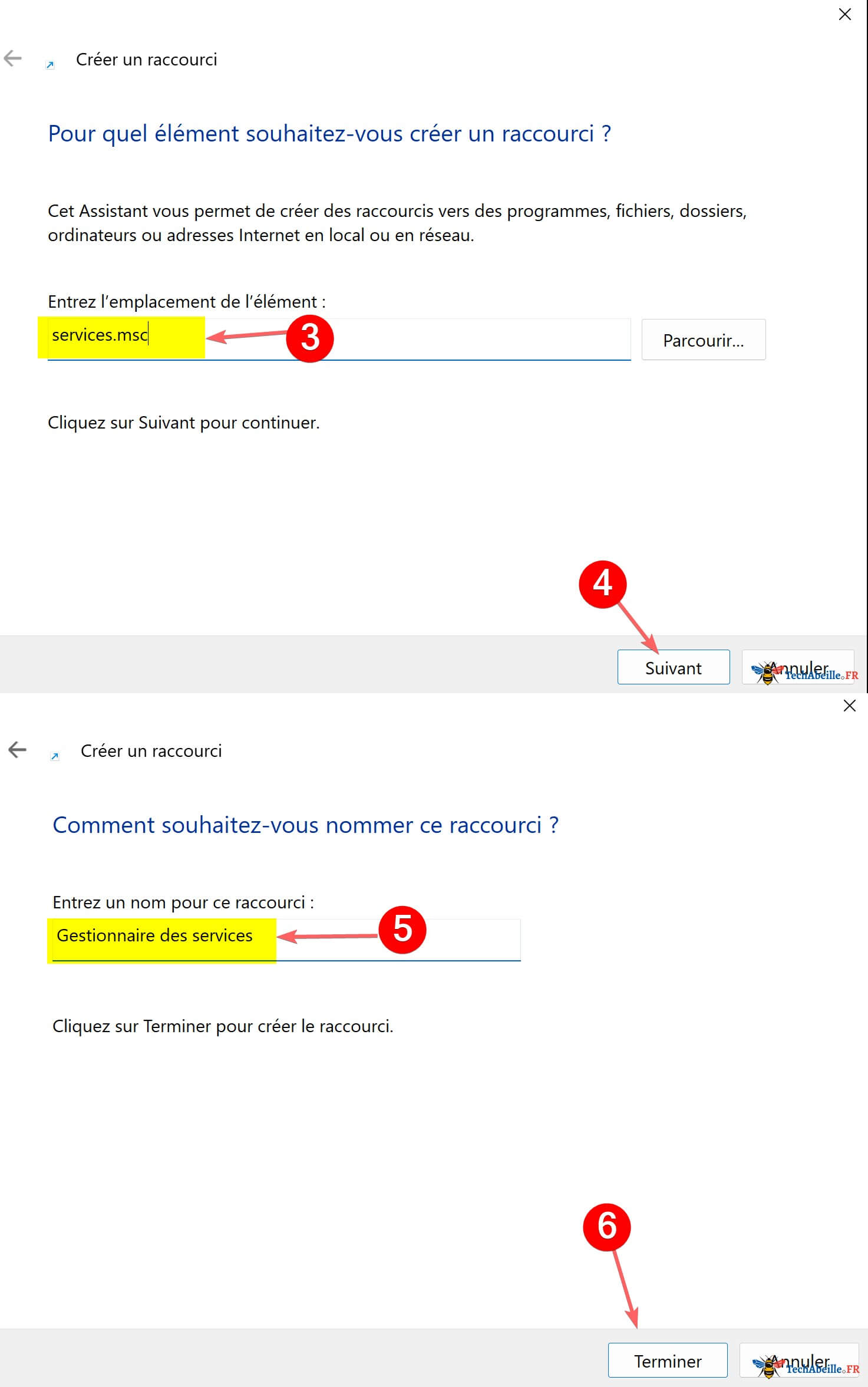 creer raccourci bureau services