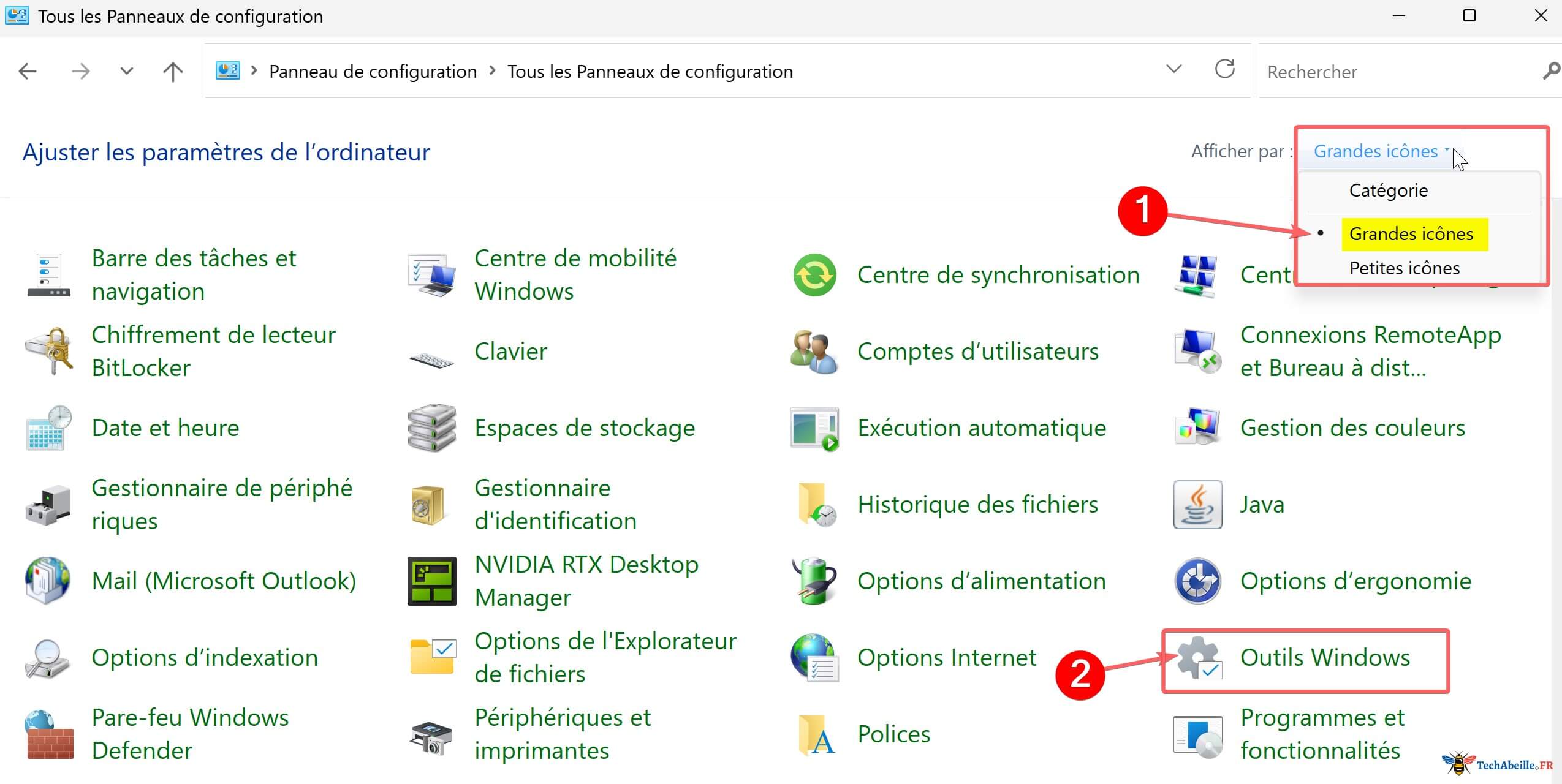 outils windows dans panneau de configuration