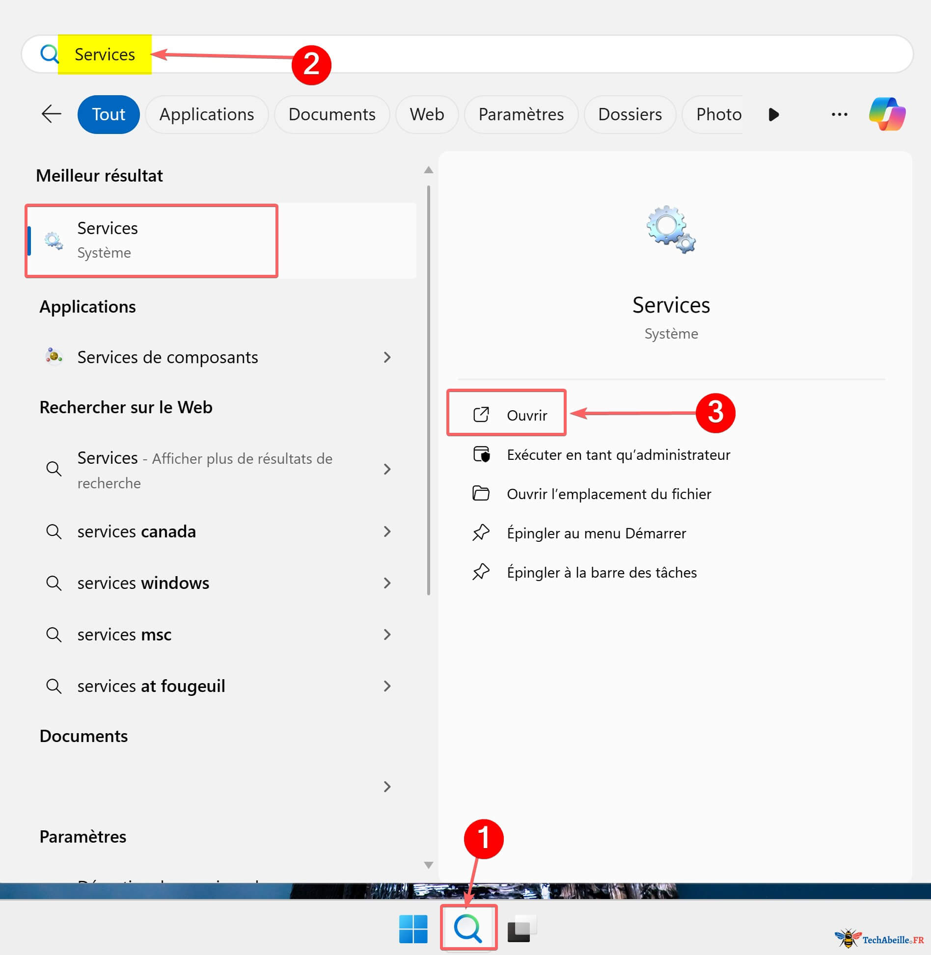 rechercher services dans barre des taches