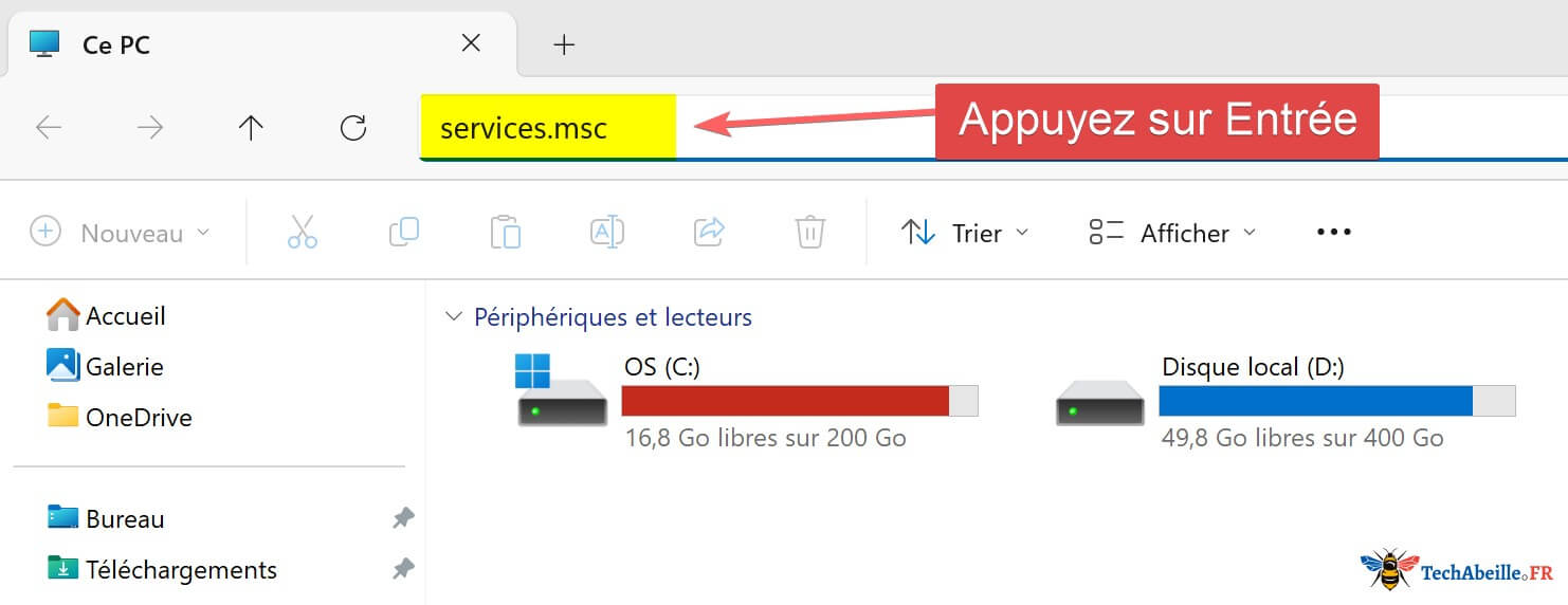 taper services msc dans explorateur fichiers