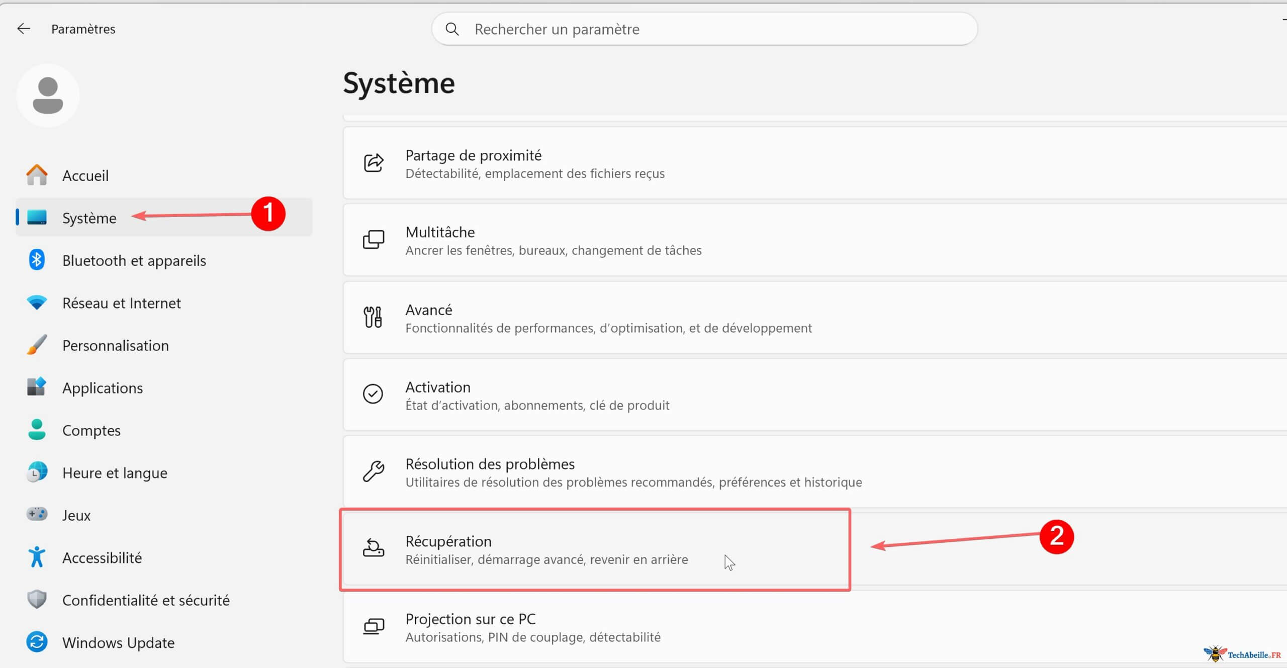 Acces a Recuperation dans les Parametres Systeme