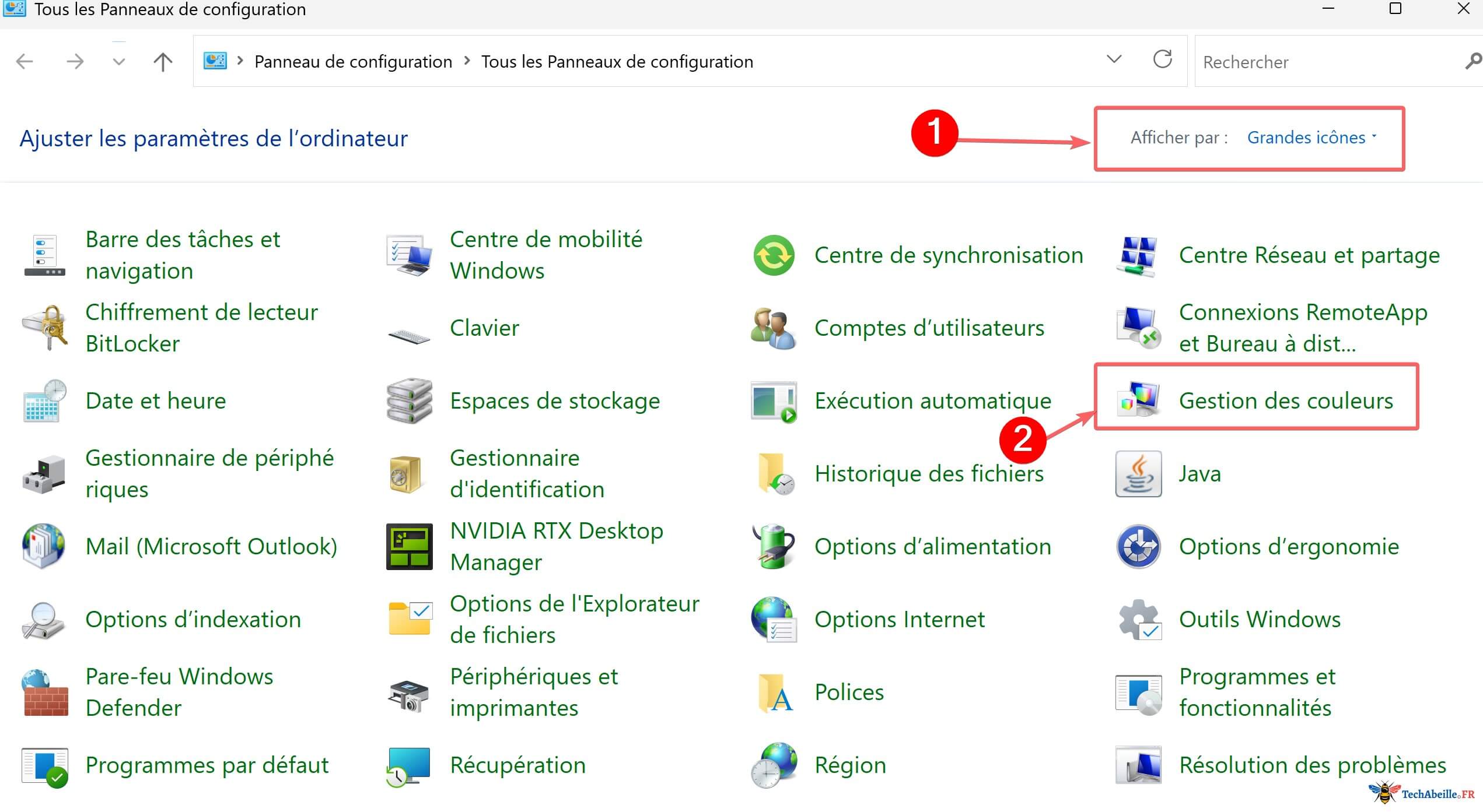 Acces a la Gestion des couleurs via le Panneau de configuration