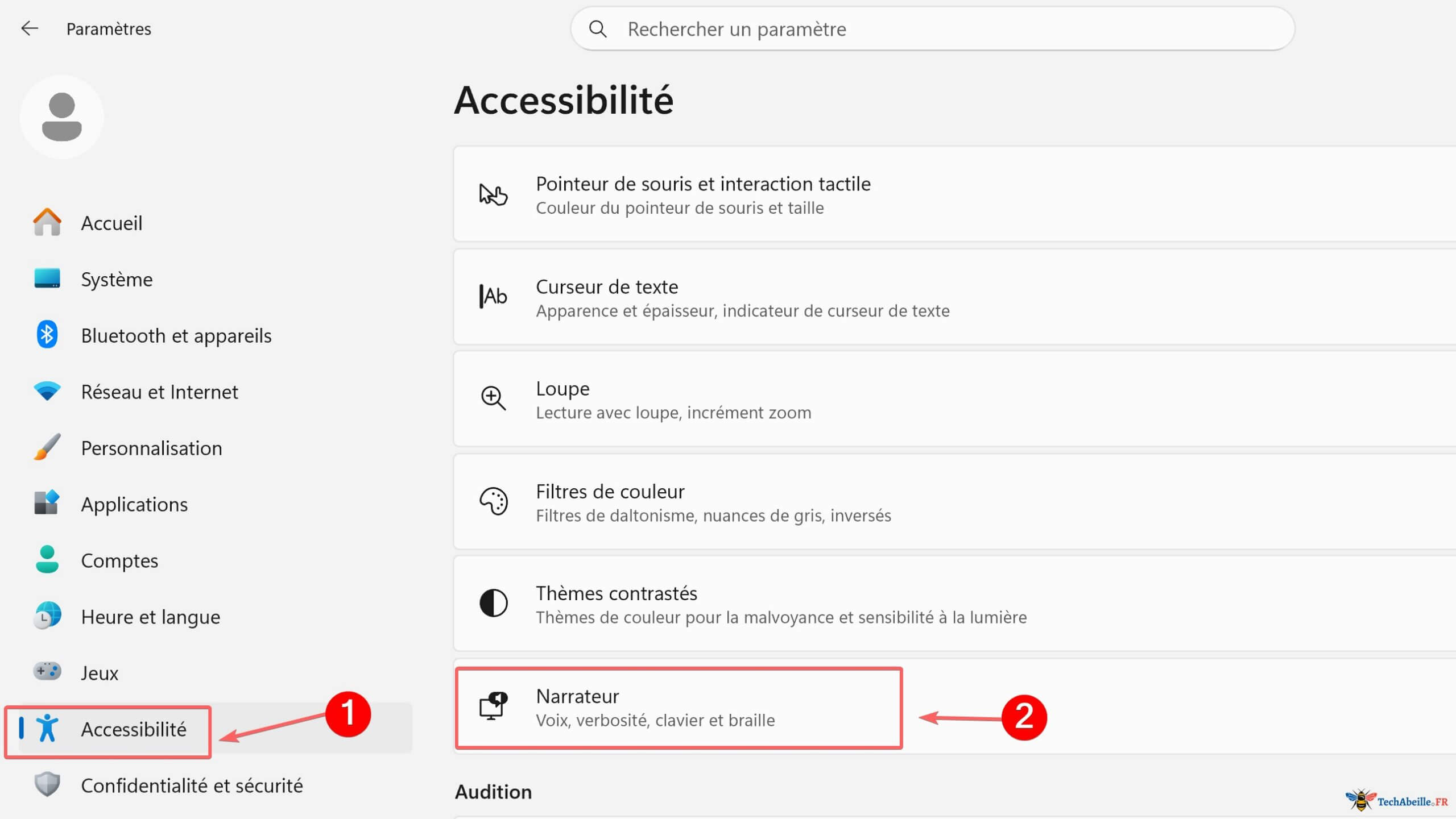 Acces au Narrateur dans les Parametres Accessibilite