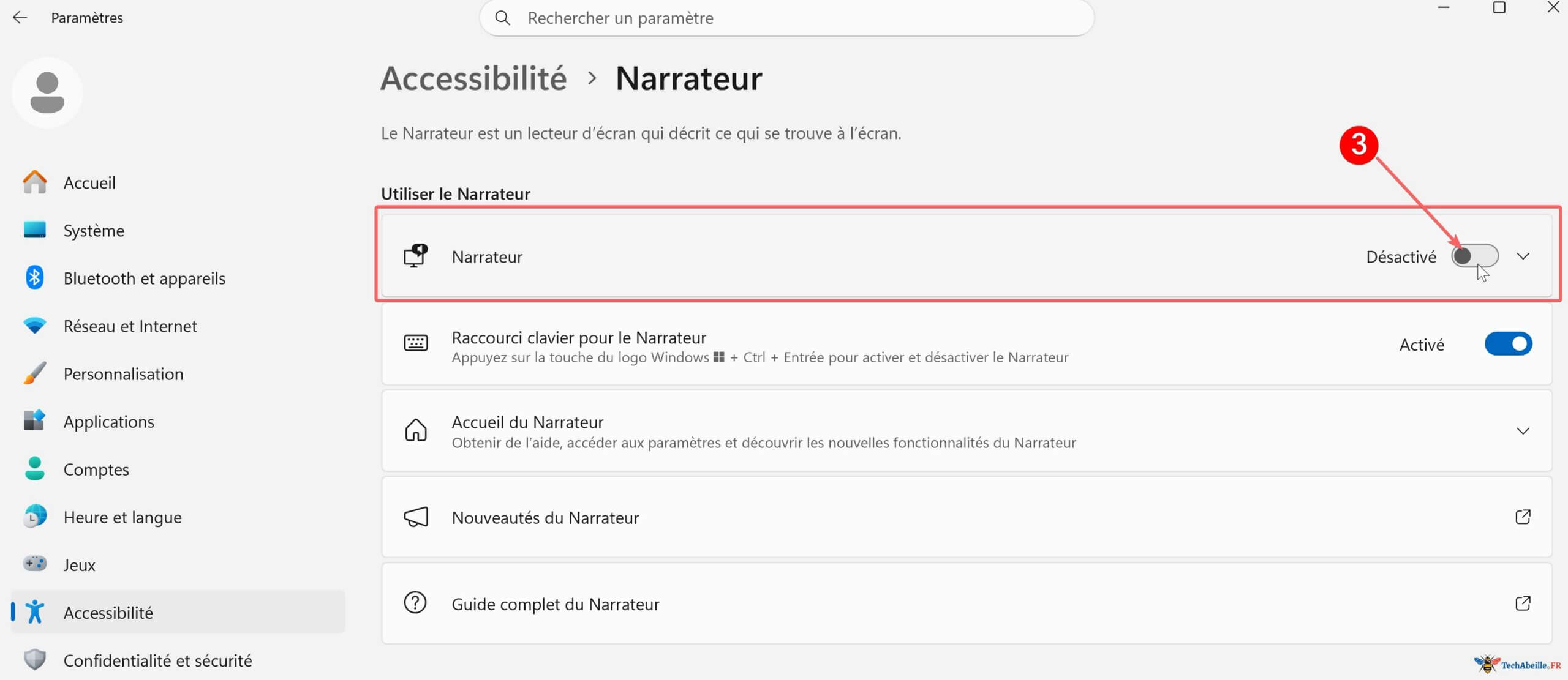 Activation du Narrateur dans les Parametres Accessibilite
