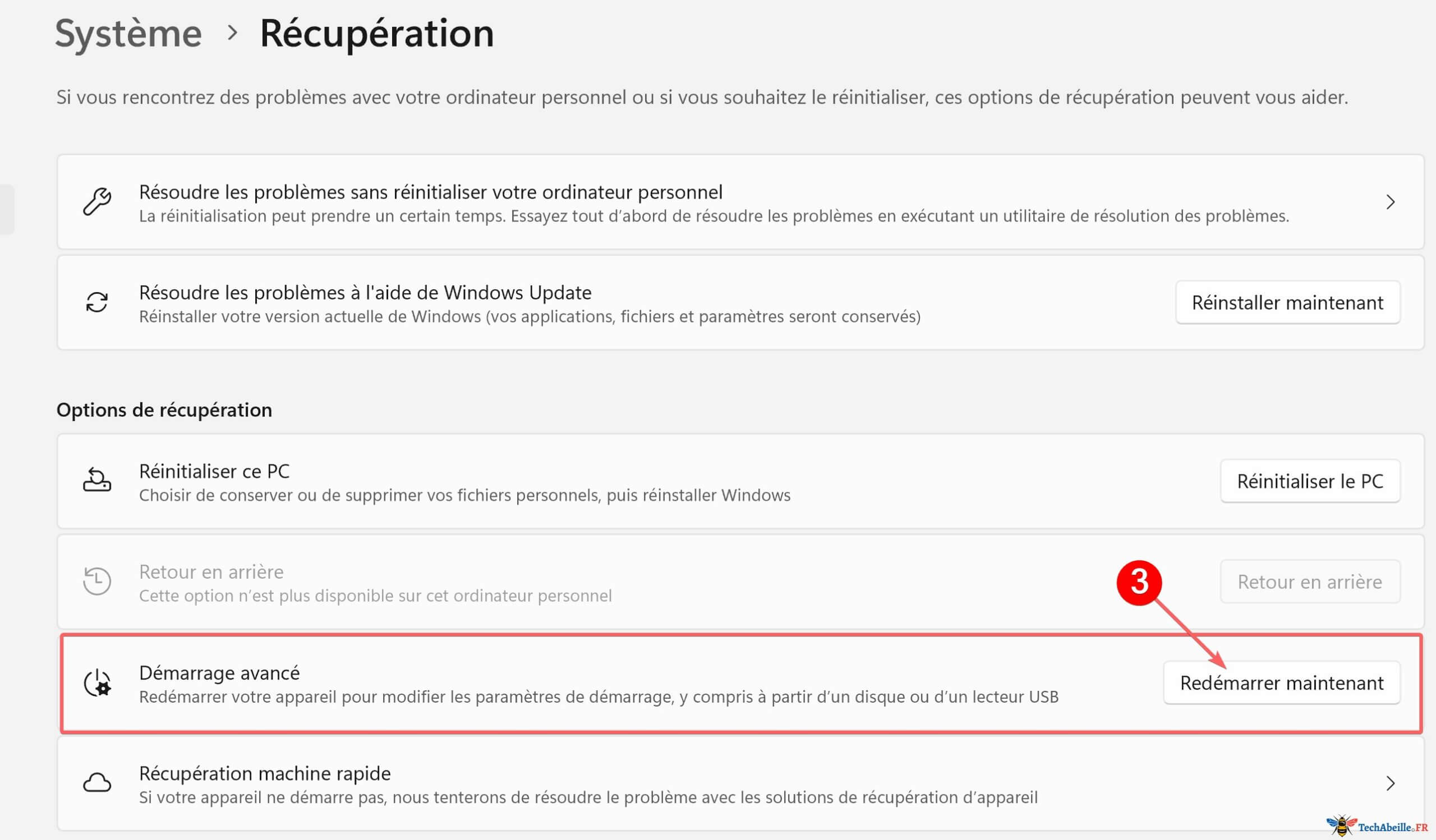 Clic sur Redemarrer maintenant dans la section Demarrage avance
