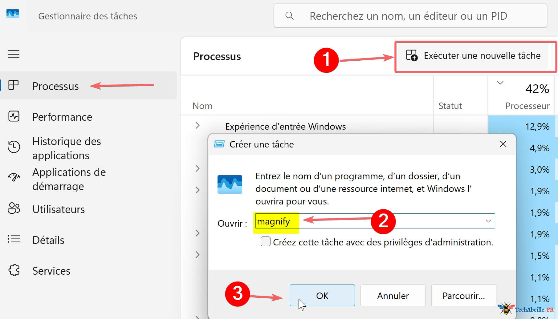 Creer une nouvelle tache magnify dans le Gestionnaire des taches pour ouvrir la Loupe
