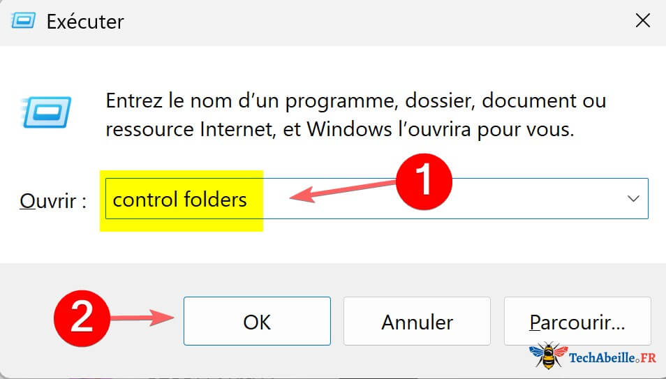 Executer la commande control folders dans la boite de dialogue Executer pour ouvrir les Options des dossiers