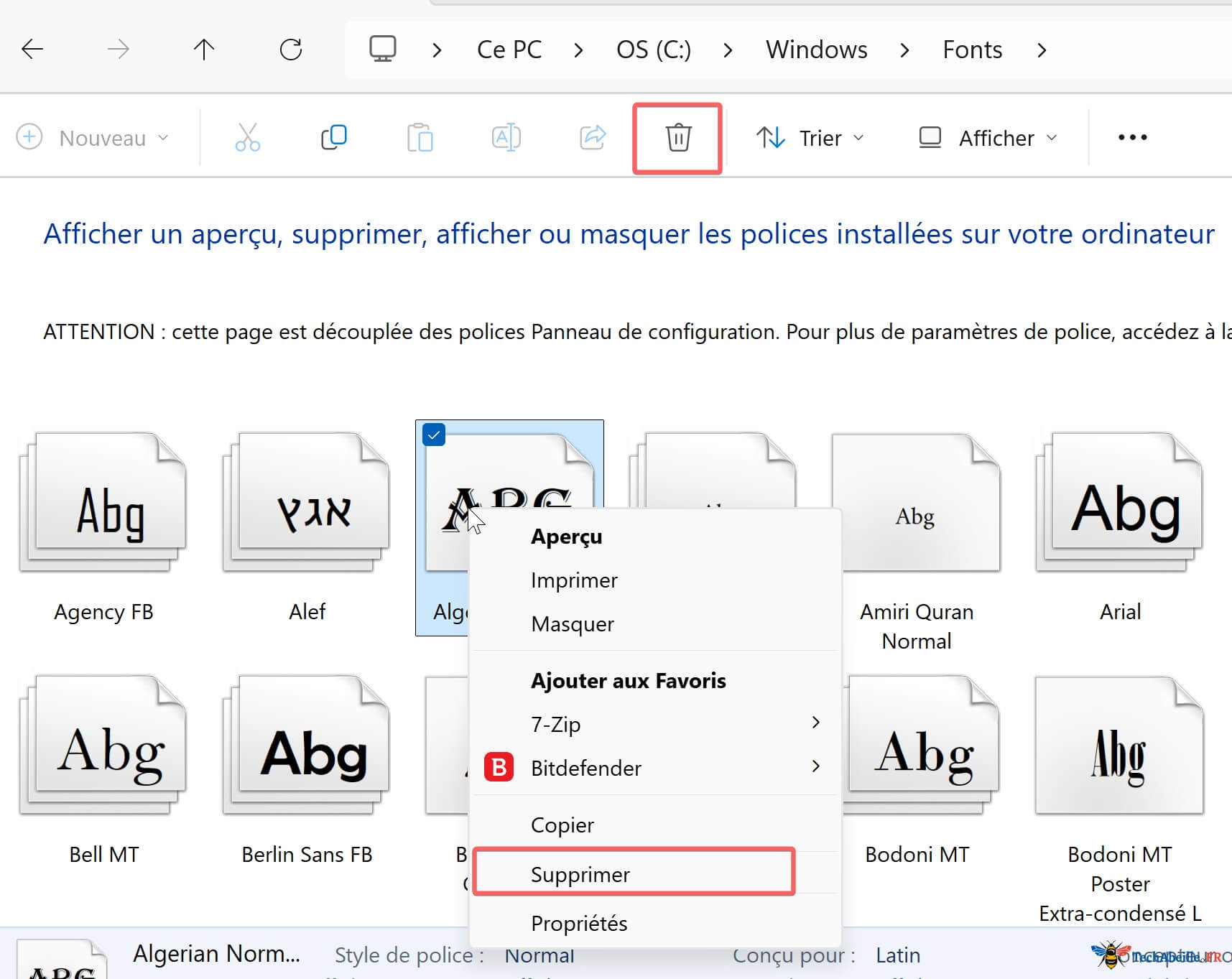 Faire un clic droit sur une police pour la supprimer