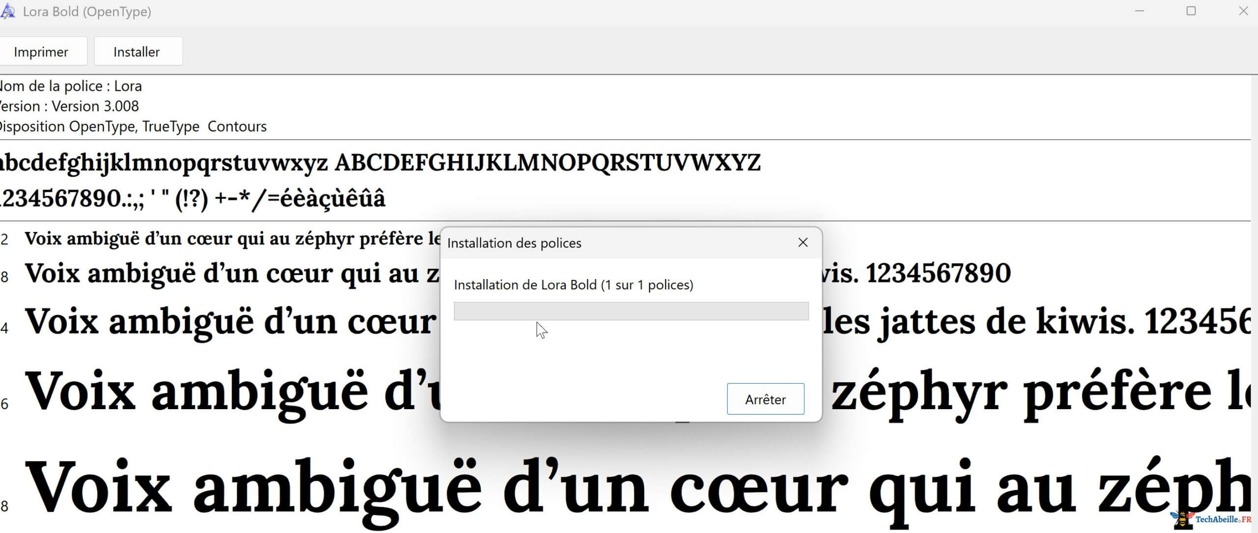 Installation de la police en cours une fois terminee le bouton Installer devient gris
