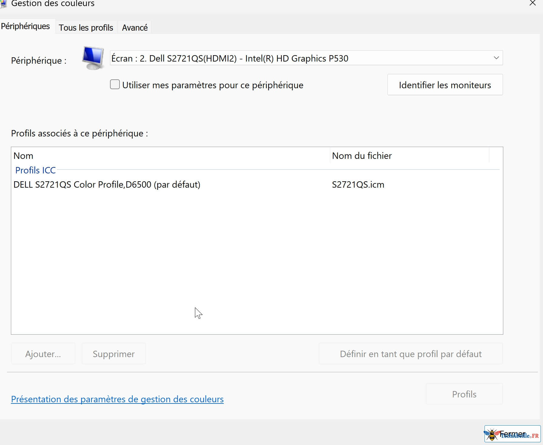 La fenetre Gestion des couleurs est ouverte
