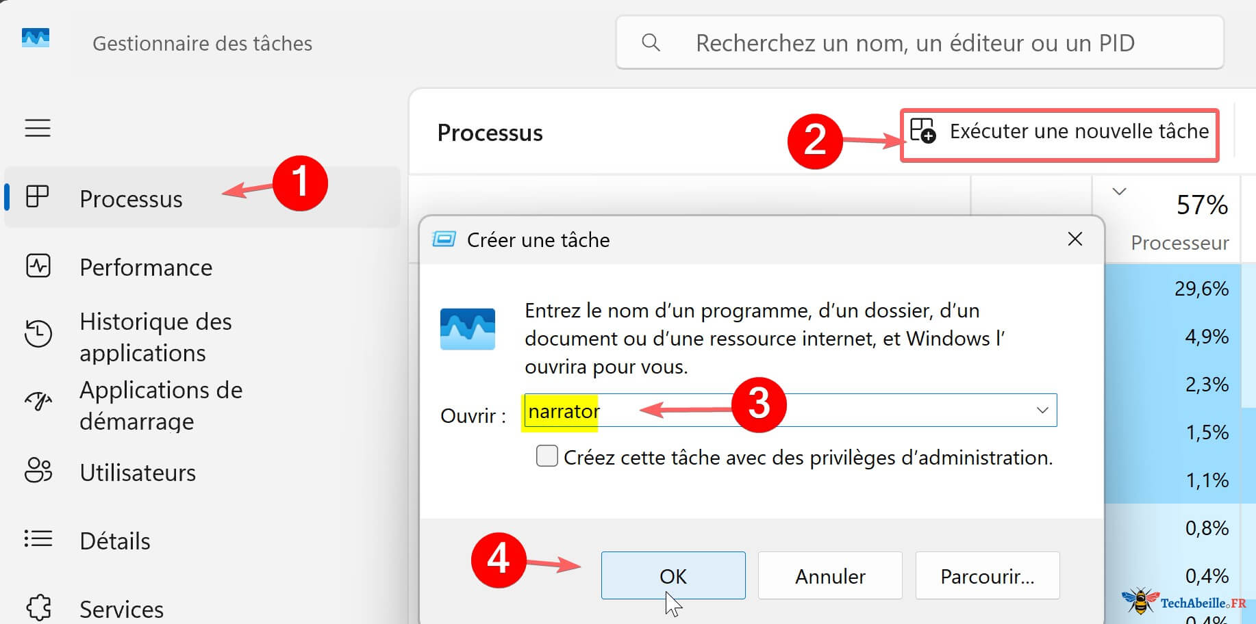 Lancement du Narrateur depuis le Gestionnaire des taches