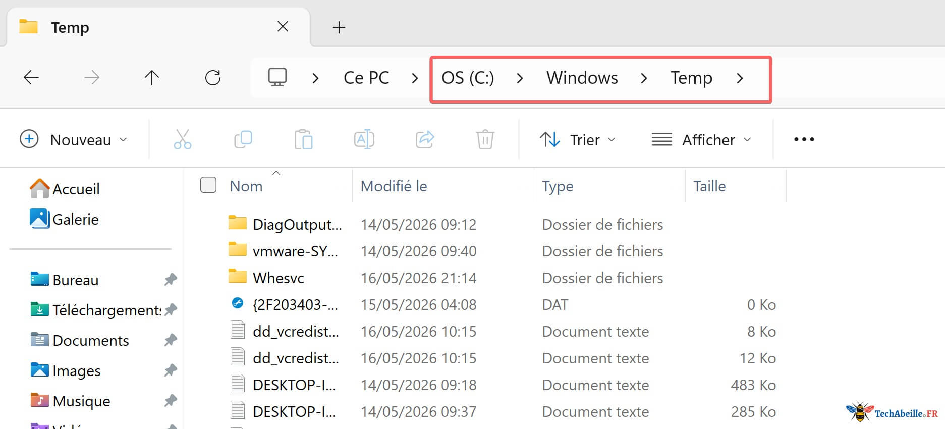 Le contenu du dossier temporaire systeme