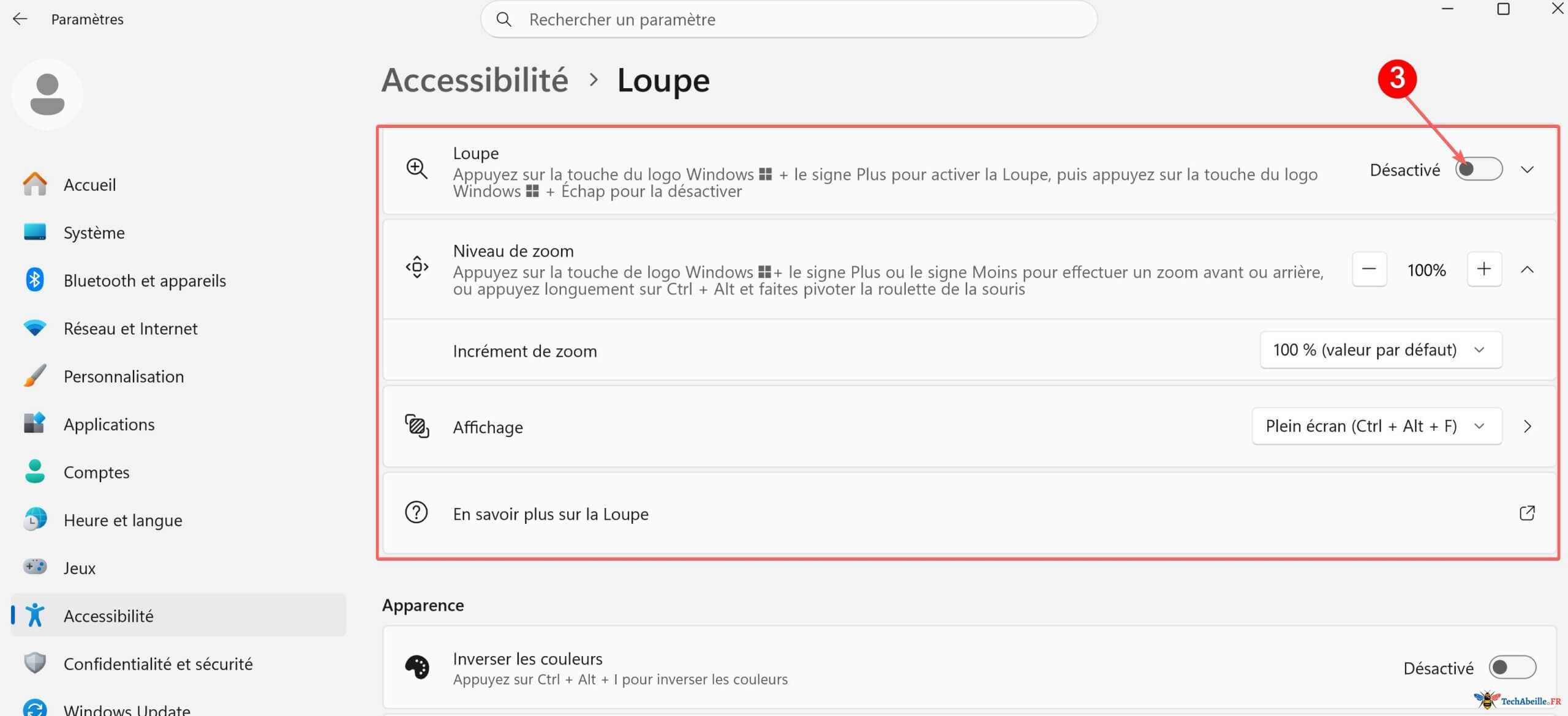Les options supplementaires disponibles dans les parametres de la Loupe