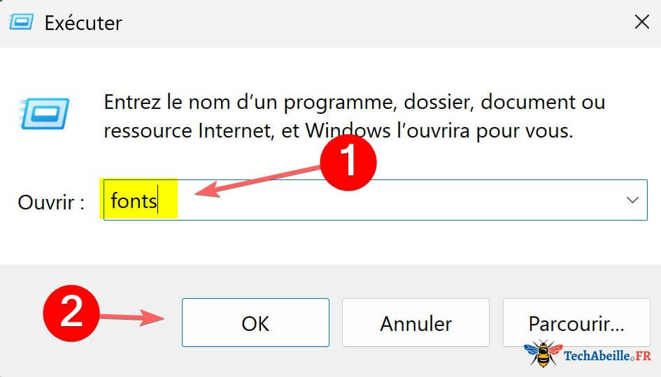Ouvrir le dossier des polices en tapant la commande fonts dans la boite de dialogue Executer