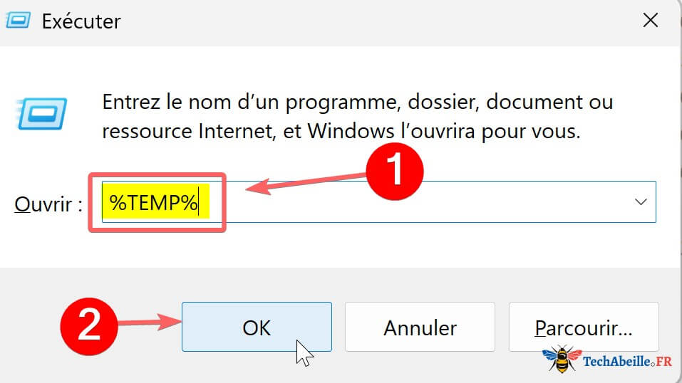 Ouvrir le dossier temporaire en tapant la commande dans la boite de dialogue Executer