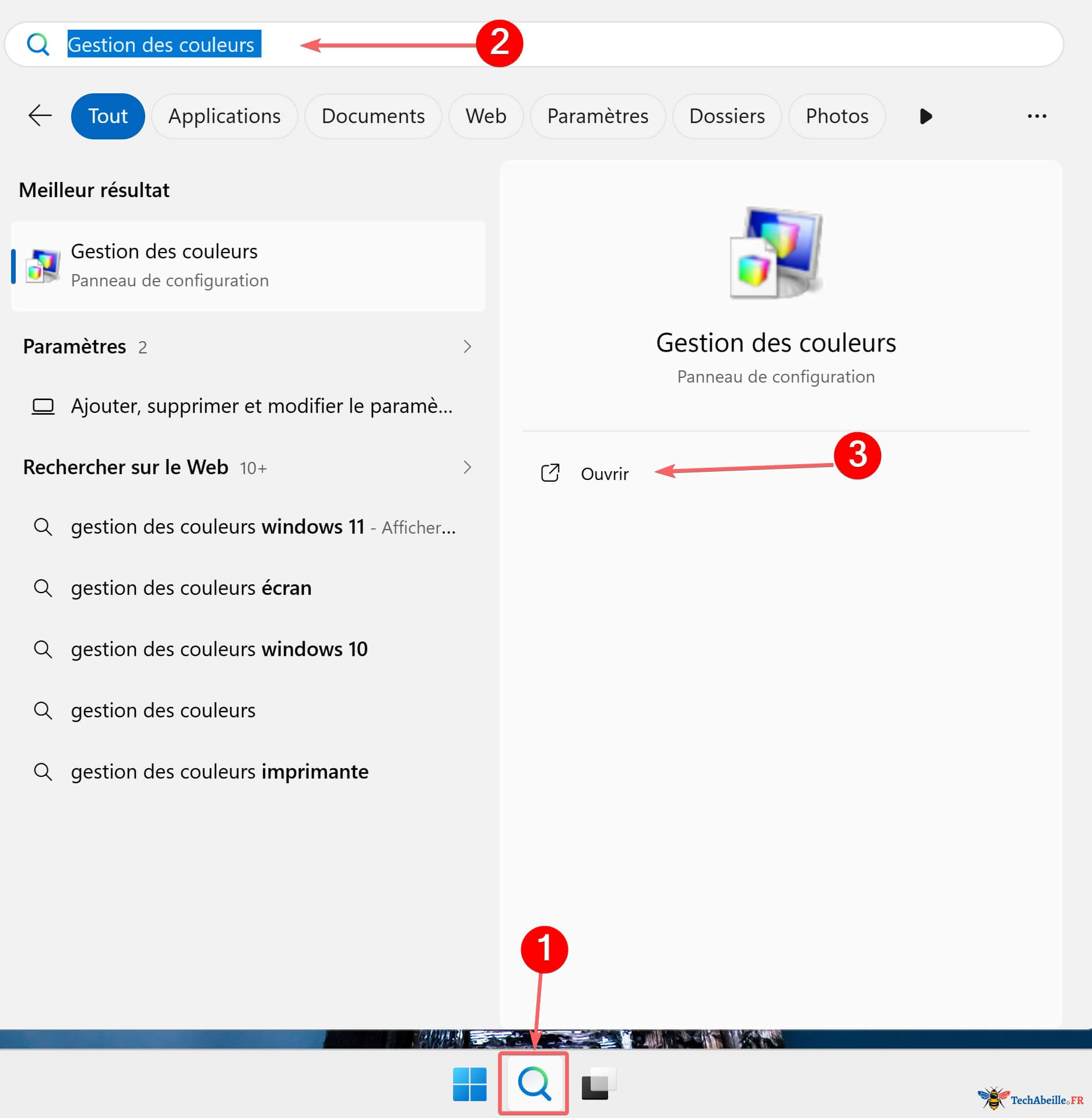 Recherche de Gestion des couleurs dans la barre des taches