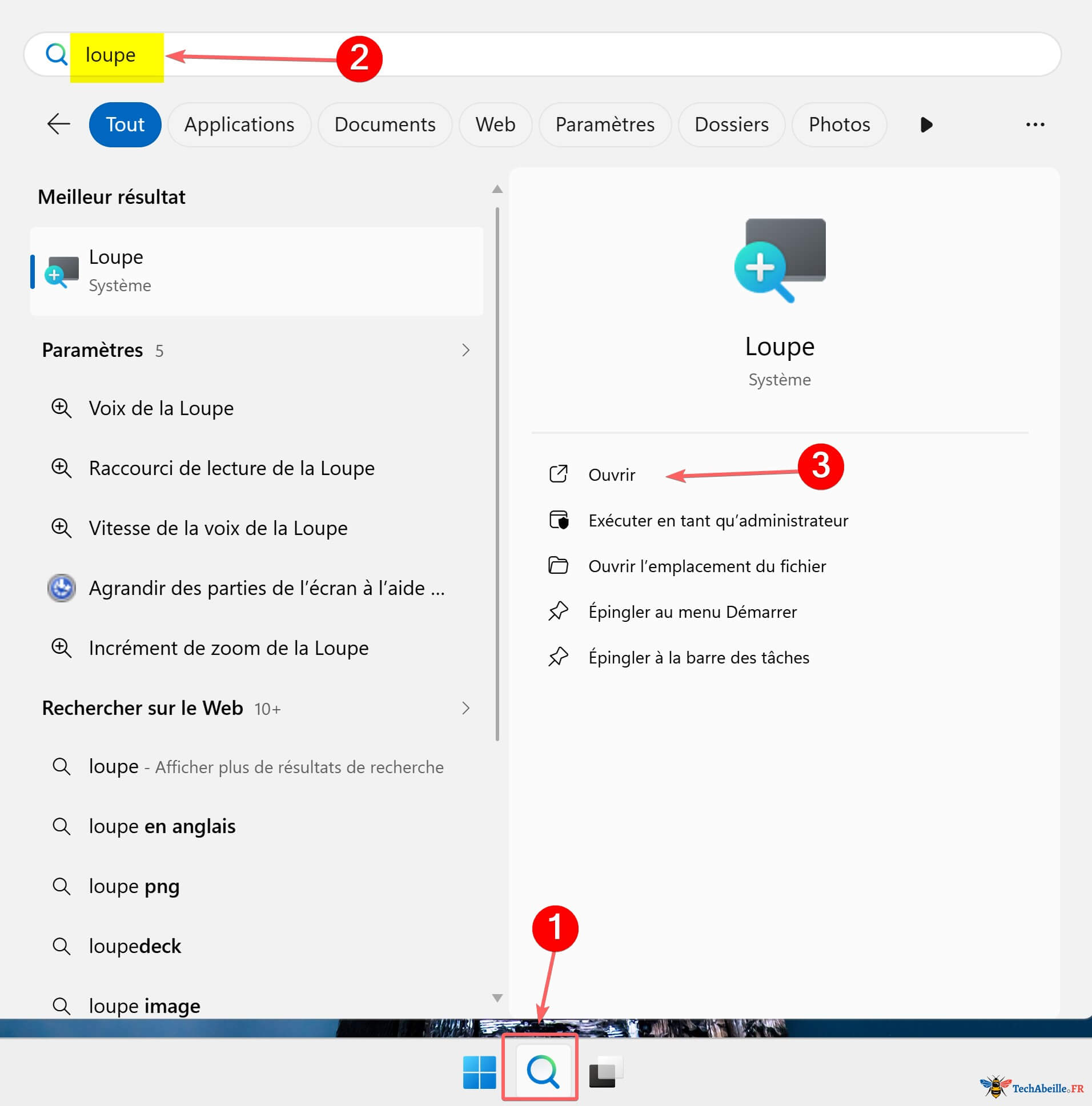 Rechercher la Loupe directement dans la barre de recherche de la barre des taches