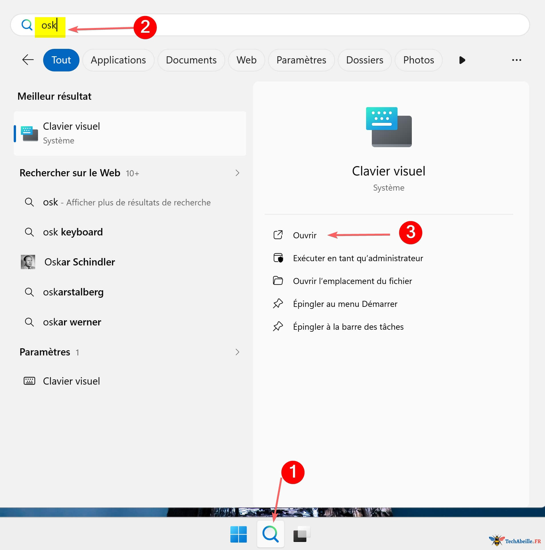 Rechercher osk pour ouvrir le Clavier visuel