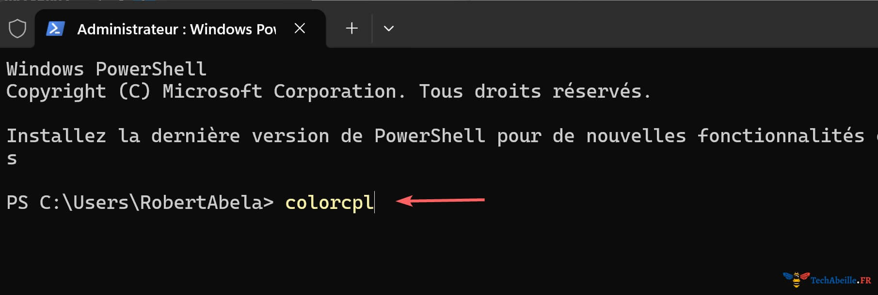 Saisie de colorcpl dans PowerShell pour ouvrir la Gestion des couleurs