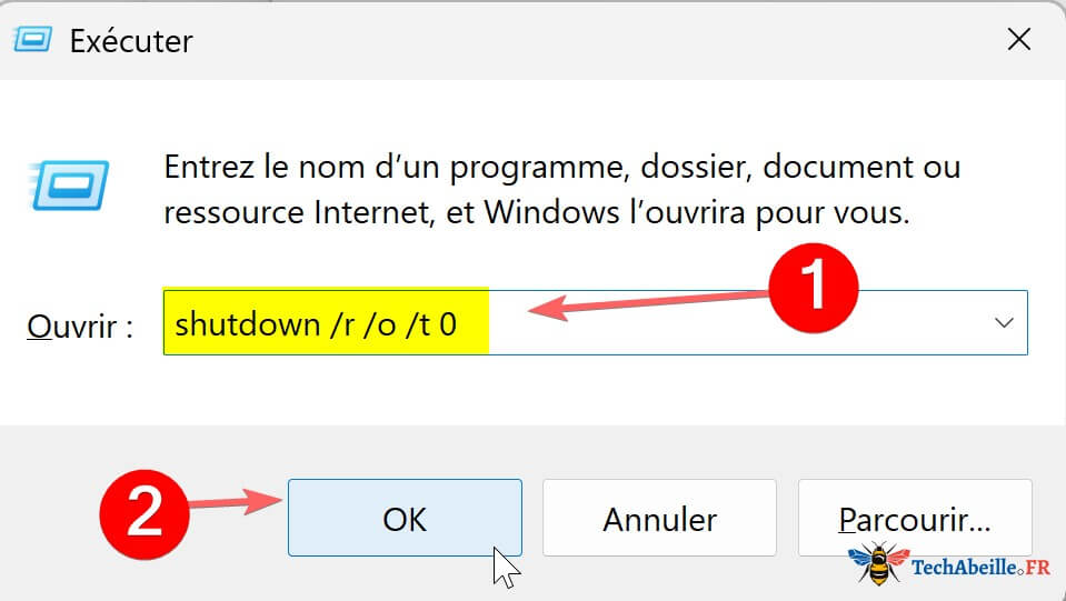 Saisie de la commande shutdown dans la fenetre Executer