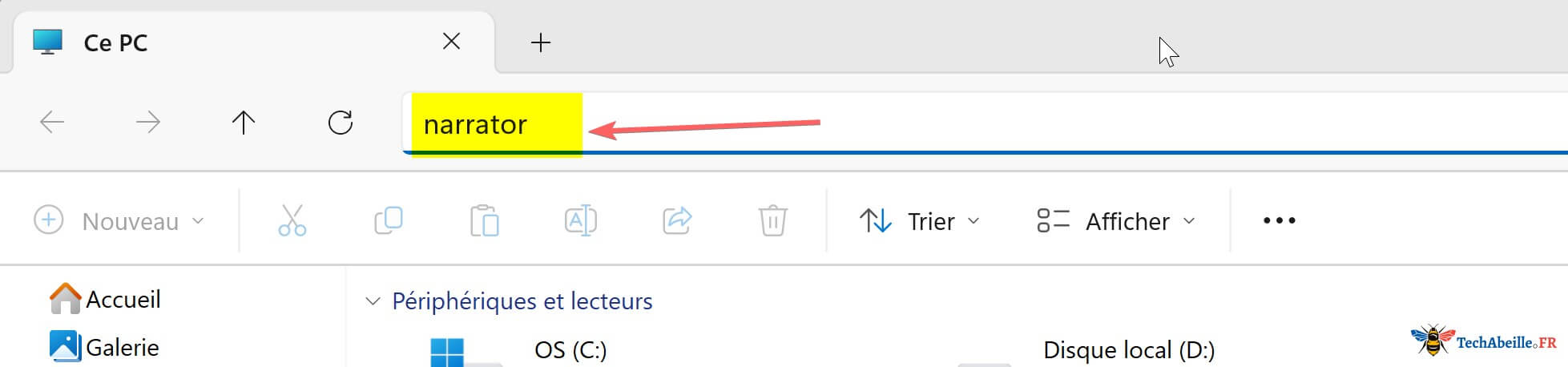 Saisie de narrator dans la barre d adresse de l Explorateur de fichiers