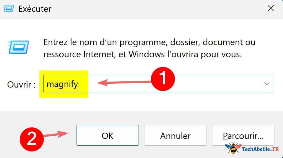 Taper la commande magnify dans la boite de dialogue Executer pour ouvrir la Loupe